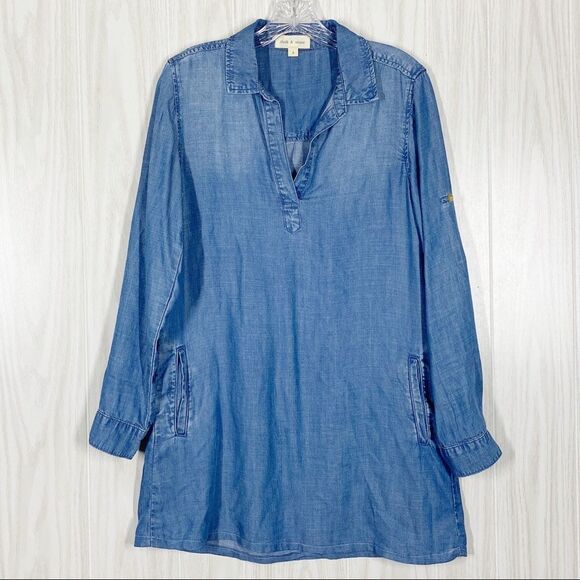 Anthropologie | Cloth & Stone | V Neck Chambray Dress With Roll Tab Sleeves - Picture 1 of 7